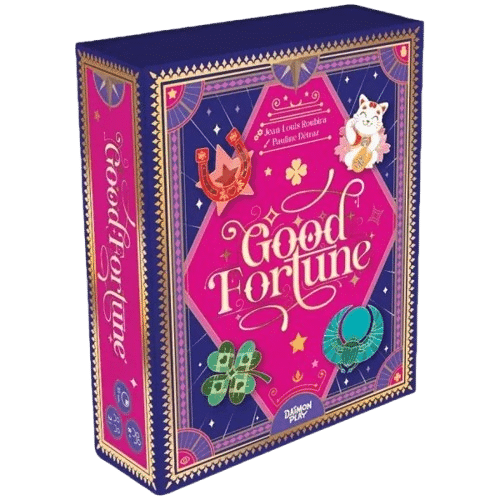 Boîte du jeu Good Fortune illustrée de symboles porte-bonheur : chat, trèfle et scarabée sur fond rose et bleu.