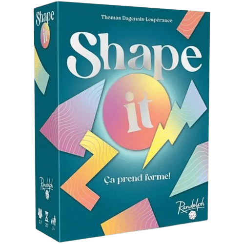 Boîte du jeu Shape It de Randolph présentant des formes géométriques pastel sur un fond bleu sarcelle.