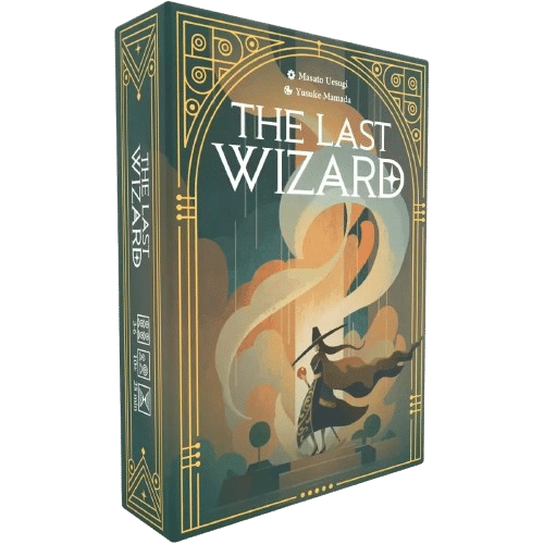 Boîte du jeu The Last Wizard. Style art déco avec un sorcier marchant vers une lumière vive.
