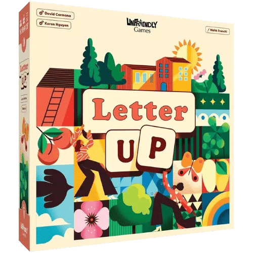Boîte Letter UP, UnFriendly Games. Scène colorée, personnages et nature entourant les lettres U et P.