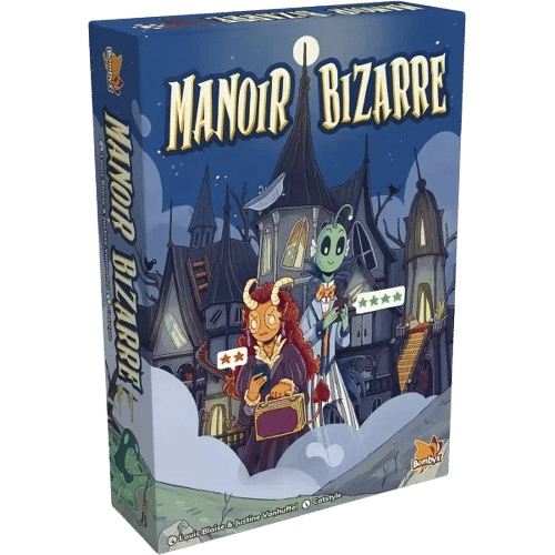 Jeu Manoir Bizarre par Bombyx : un démon et un alien devant un manoir hanté avec des avis étoilés flottants.