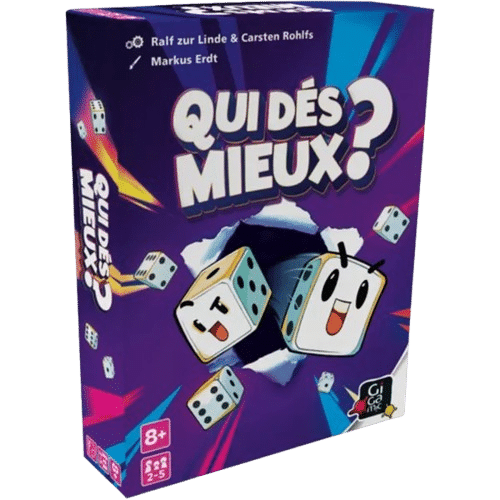 Boîte du jeu Qui Dés Mieux? par Gigamic. Dés animés expressifs sautant sur fond violet dynamique.