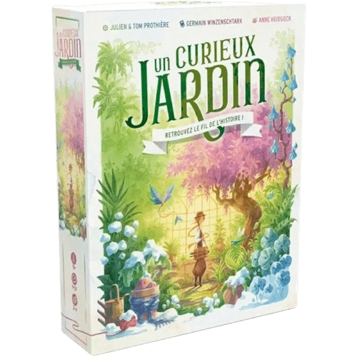 Boîte de jeu Un Curieux Jardin : illustration onirique d'un jardinier dans un jardin fantastique coloré.