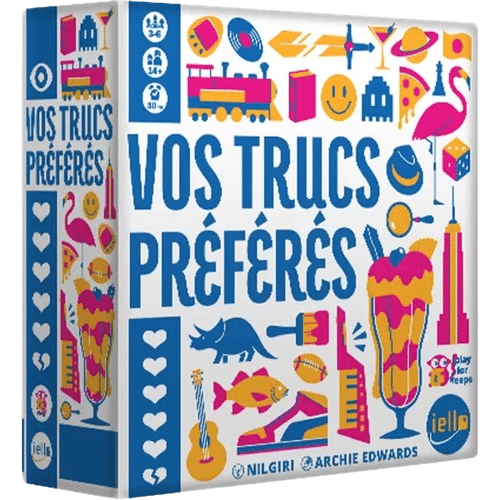 Jeu de société Vos Trucs Préférés par Iello, boîte blanche aux icônes pop-art colorées et typographie bleue.