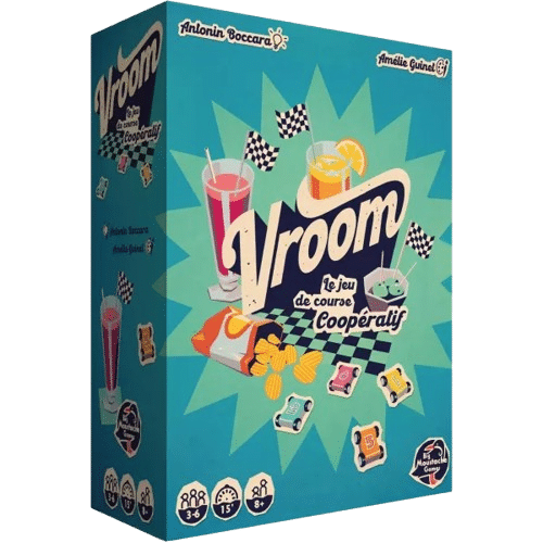 Boîte de Vroom, jeu de course coopératif par Antonin Boccara avec voitures, chips et cocktails colorés.
