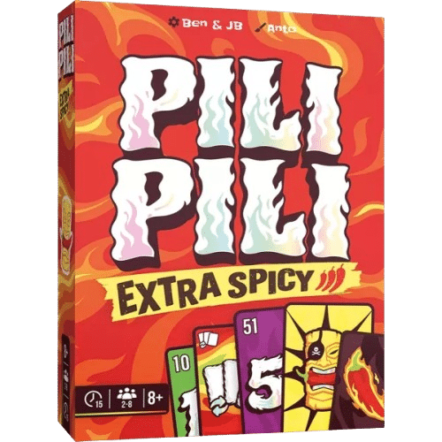 Jeu de cartes Pili Pili Extra Spicy, boîte rouge avec flammes et piments.