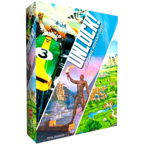 Jeu UNLOCK! New Game Adventures montrant une course F1, le Colosse de Rhodes et un paysage médiéval fantastique.